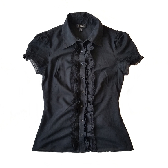 bebe Tops - Black Short Sleeve Button Up Blouse
